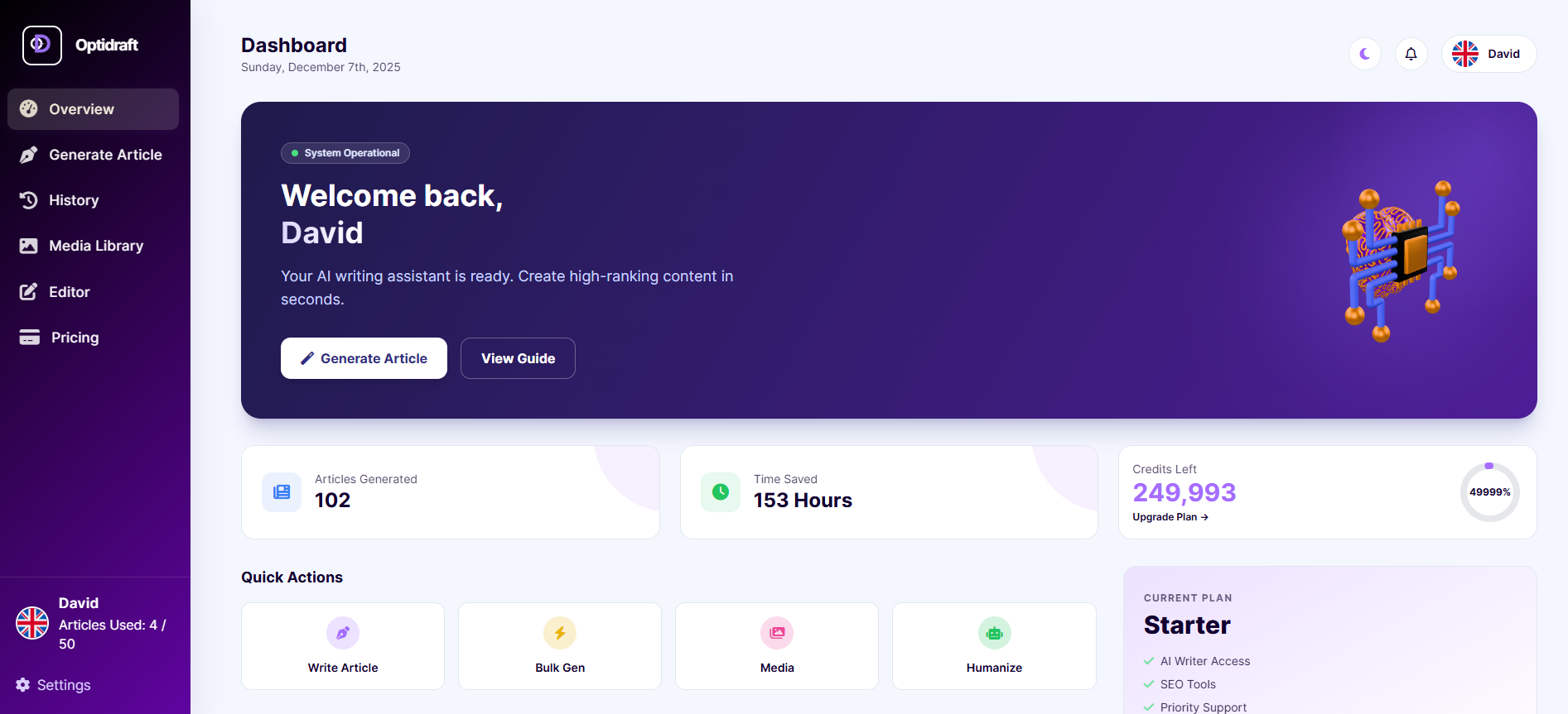OptiDraft dashboard interface