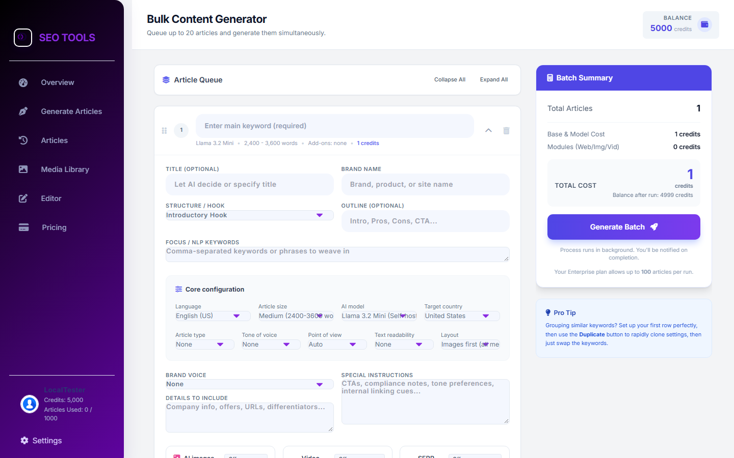 OptiDraft bulk content generator and batch summary