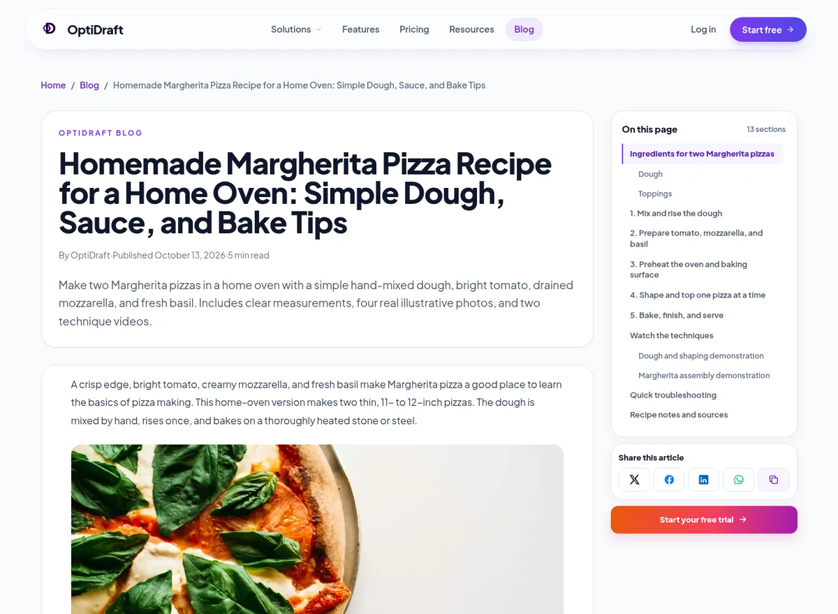 Screenshot of the finished Margherita pizza article on the OptiDraft blog